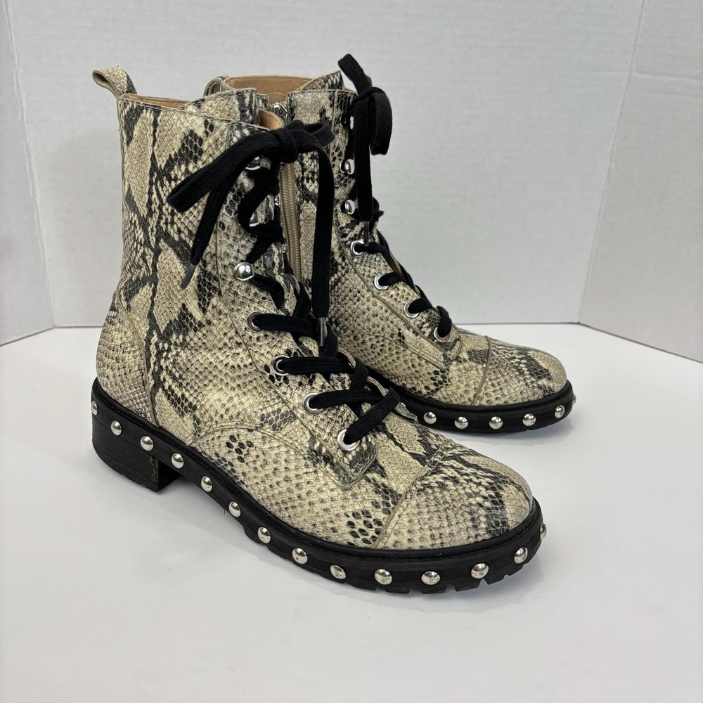 Schutz‎ Brazil Andrea Snake Print Studded Combat Boots Womens 9B Leather Zip
